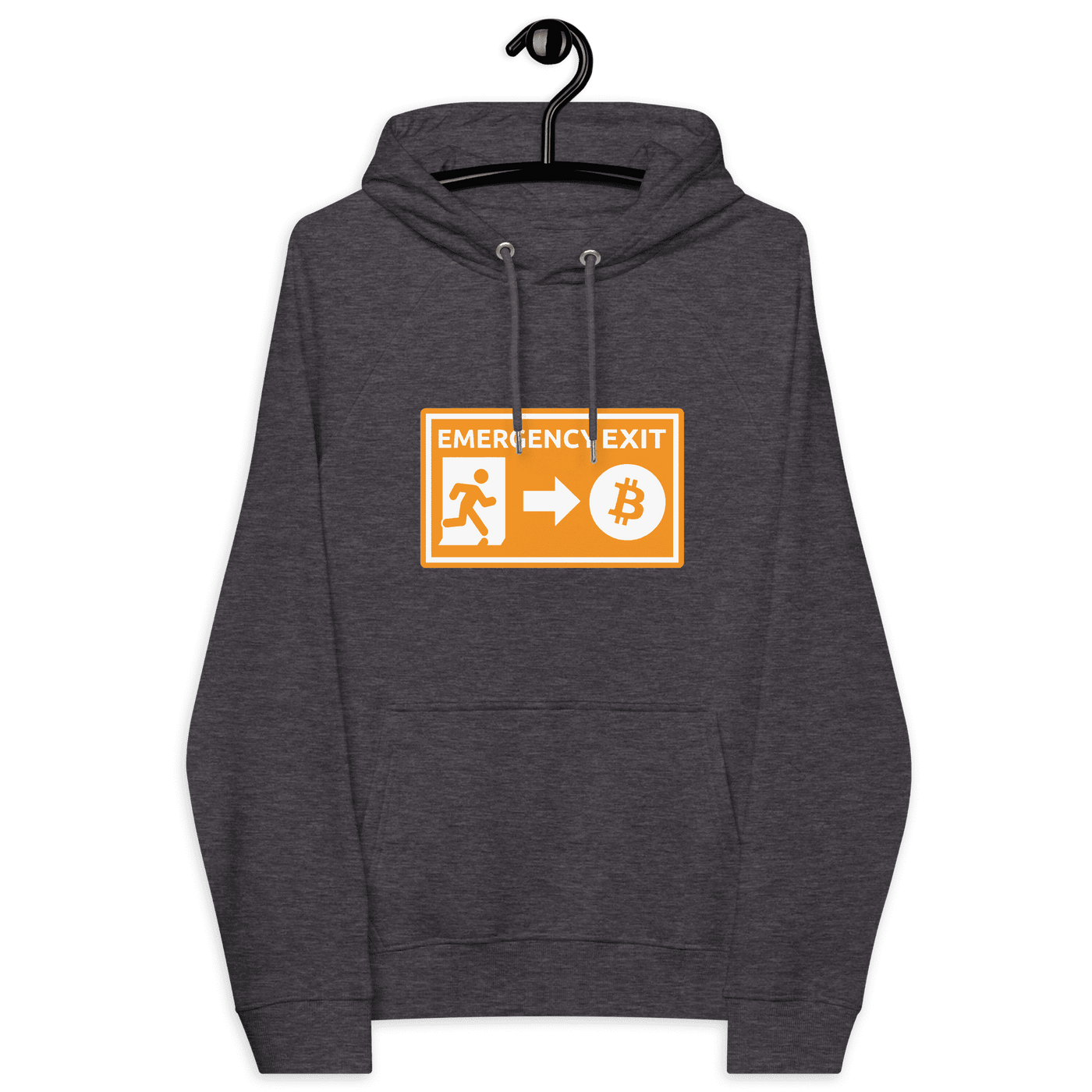 Certification logos for Eco Raglan Bitcoin Hoodie highlighting emergency exit message