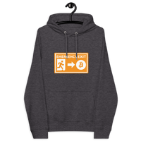 Certification logos for Eco Raglan Bitcoin Hoodie highlighting emergency exit message