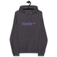 Front view of a charcoal melange colored nostr hoodie.