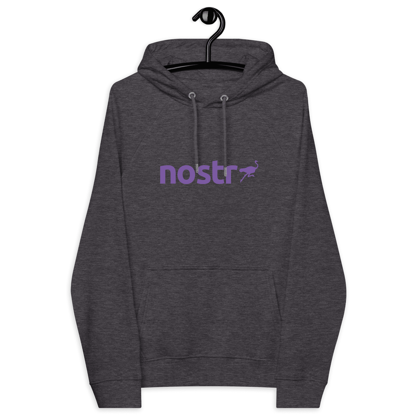 Front view of a charcoal melange colored nostr hoodie.