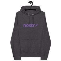Front view of a charcoal melange colored nostr hoodie.