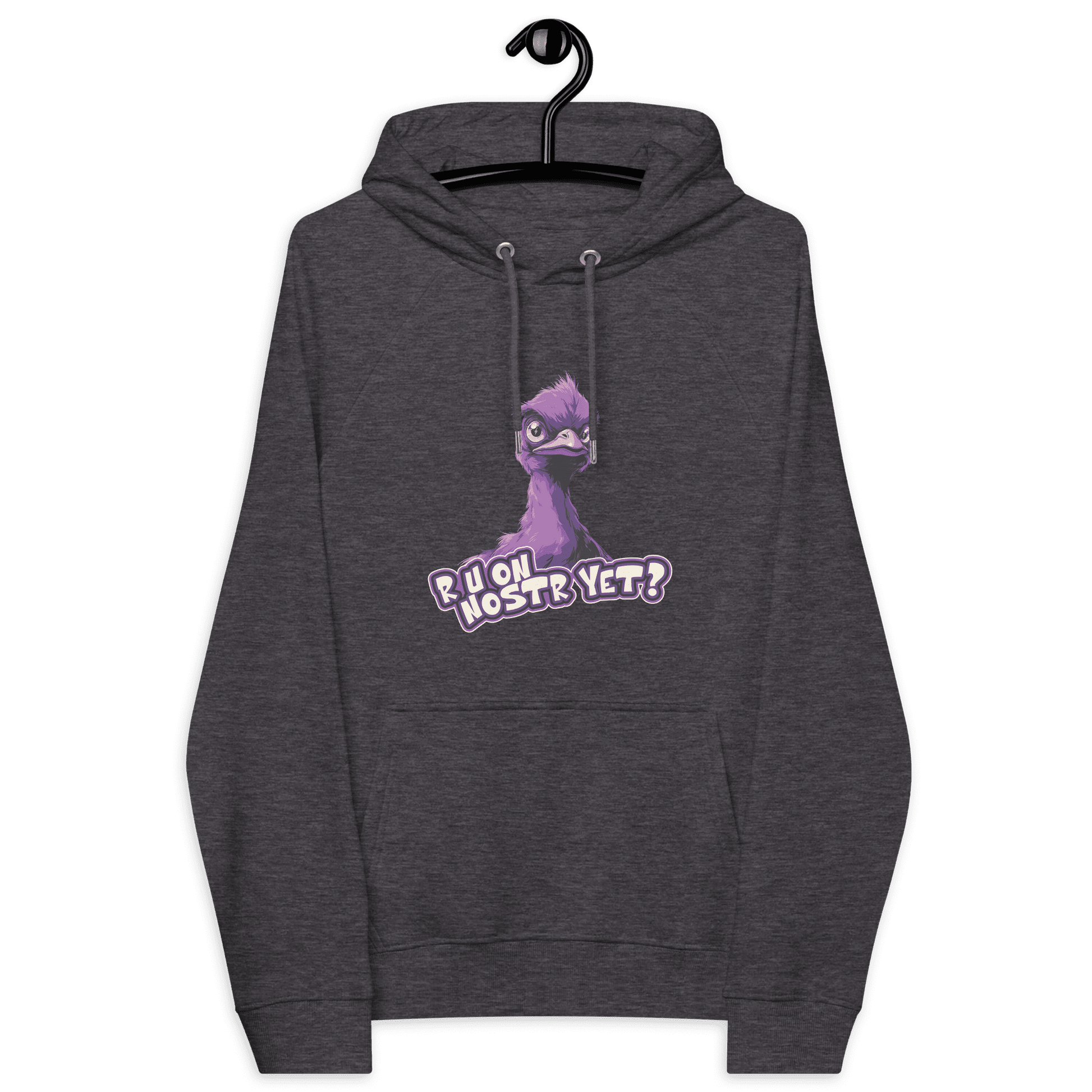 Front view of a charcoal melange colored nostr hoodie.