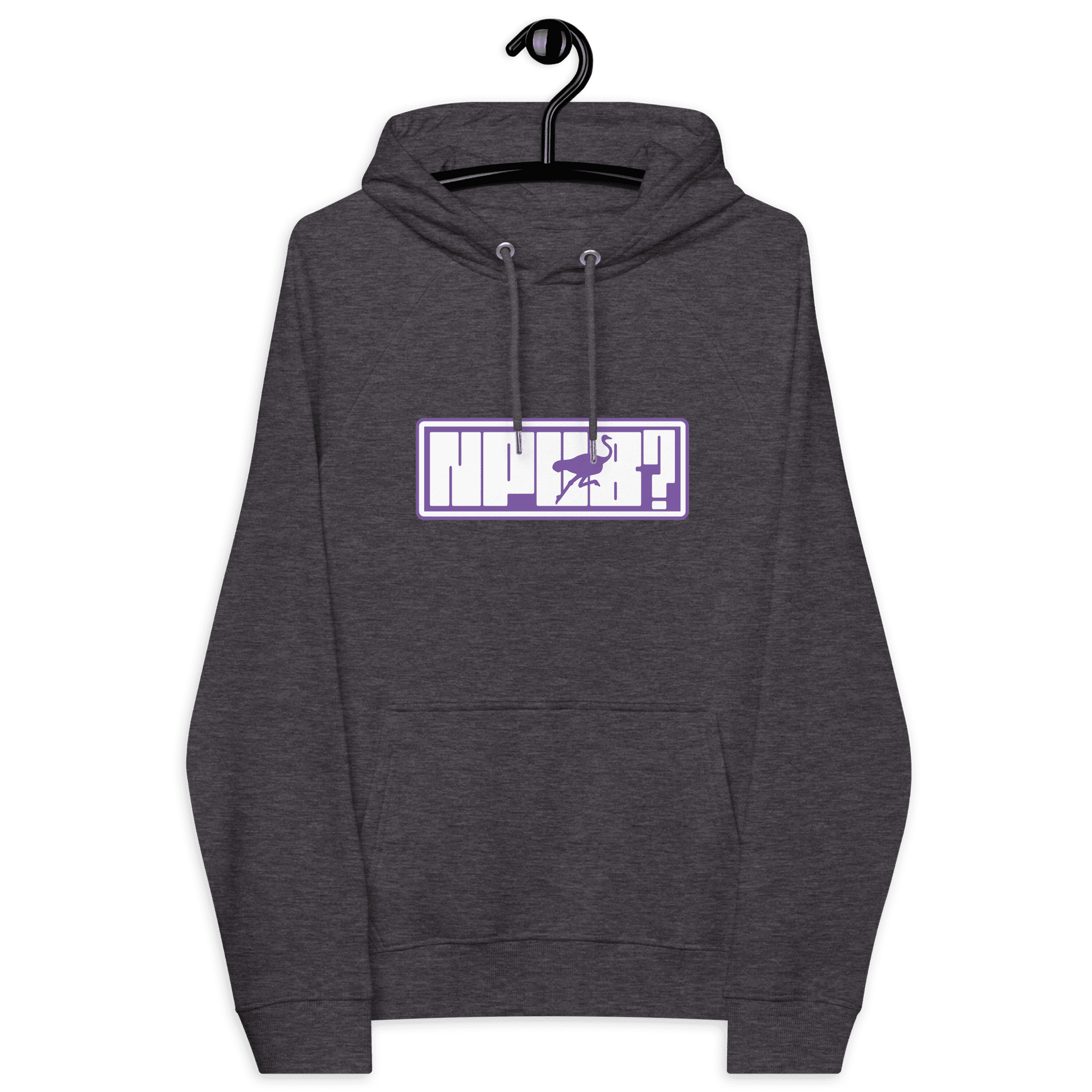 Front view of a charcoal melange colored nostr hoodie.