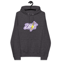 Certification logos for OEKO-TEX, PETA, GOTS, OCS, and GRS on Zap It Eco Raglan Nostr hoodie