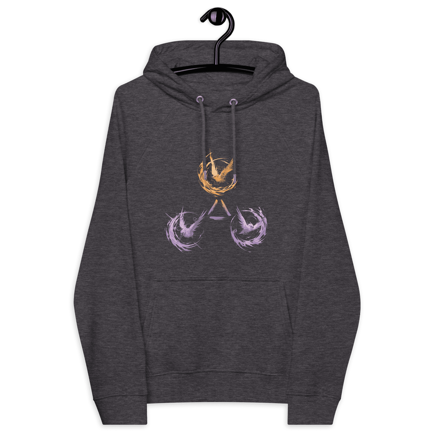 Eco-certified Freedom Bitcoin Hoodie with Trinity of Freedom design featuring Bitcoin, Nostr, and Tor logos