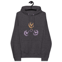Eco-certified Freedom Bitcoin Hoodie with Trinity of Freedom design featuring Bitcoin, Nostr, and Tor logos