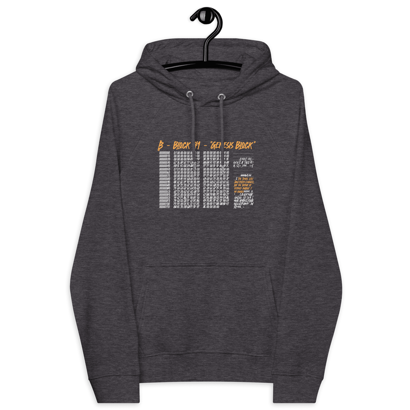 Front view of a charcoal melange colored bitcoin hoodie.