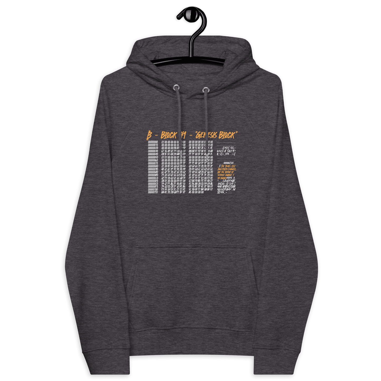 Front view of a charcoal melange colored bitcoin hoodie.