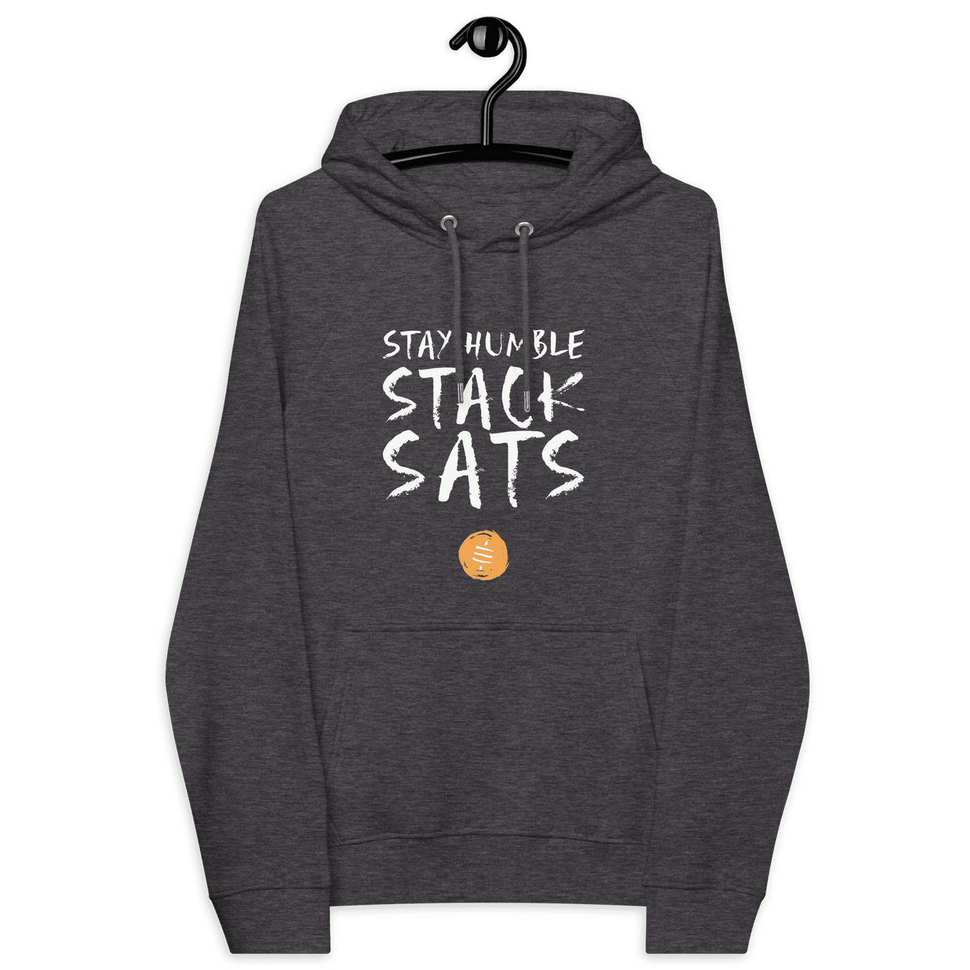 Front view of a charcoal melange colored bitcoin hoodie.