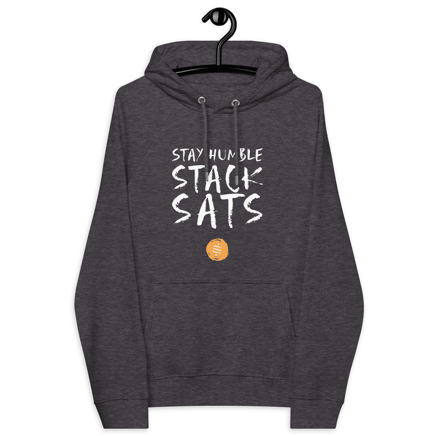 Front view of a charcoal melange colored bitcoin hoodie.