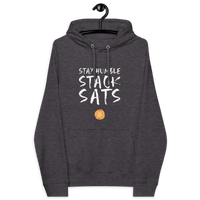 Front view of a charcoal melange colored bitcoin hoodie.