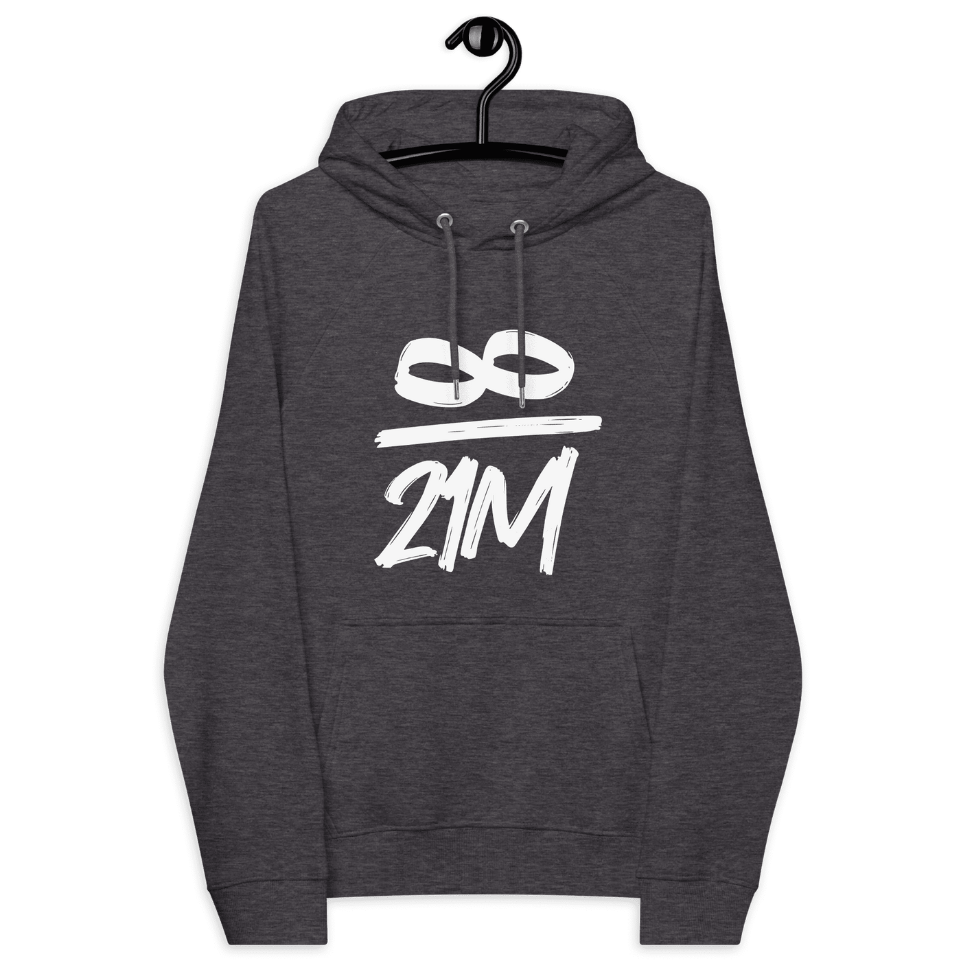 Infinity 21M Eco Raglan Bitcoin Hoodie with sustainable certifications like OEKO-TEX, PETA, GOTS, OCS, and GRS