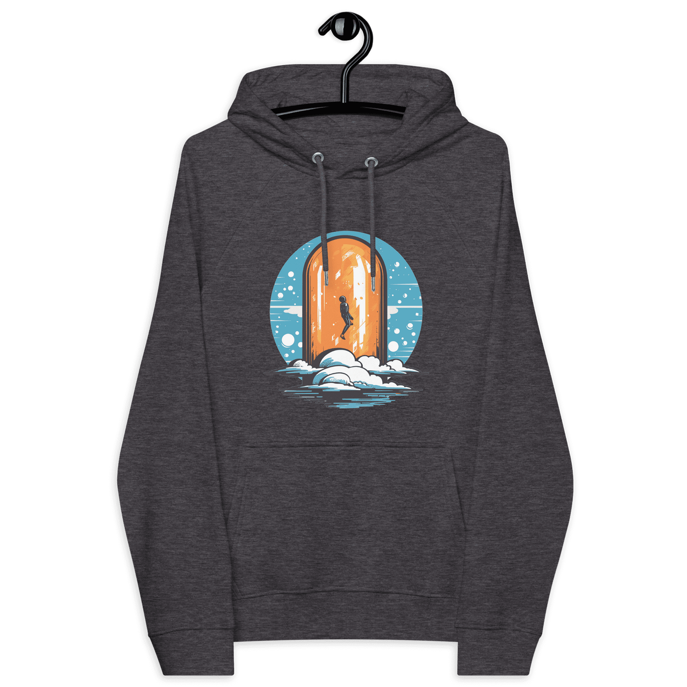 Orange Pill eco raglan bitcoin hoodie with multiple sustainable certification logos