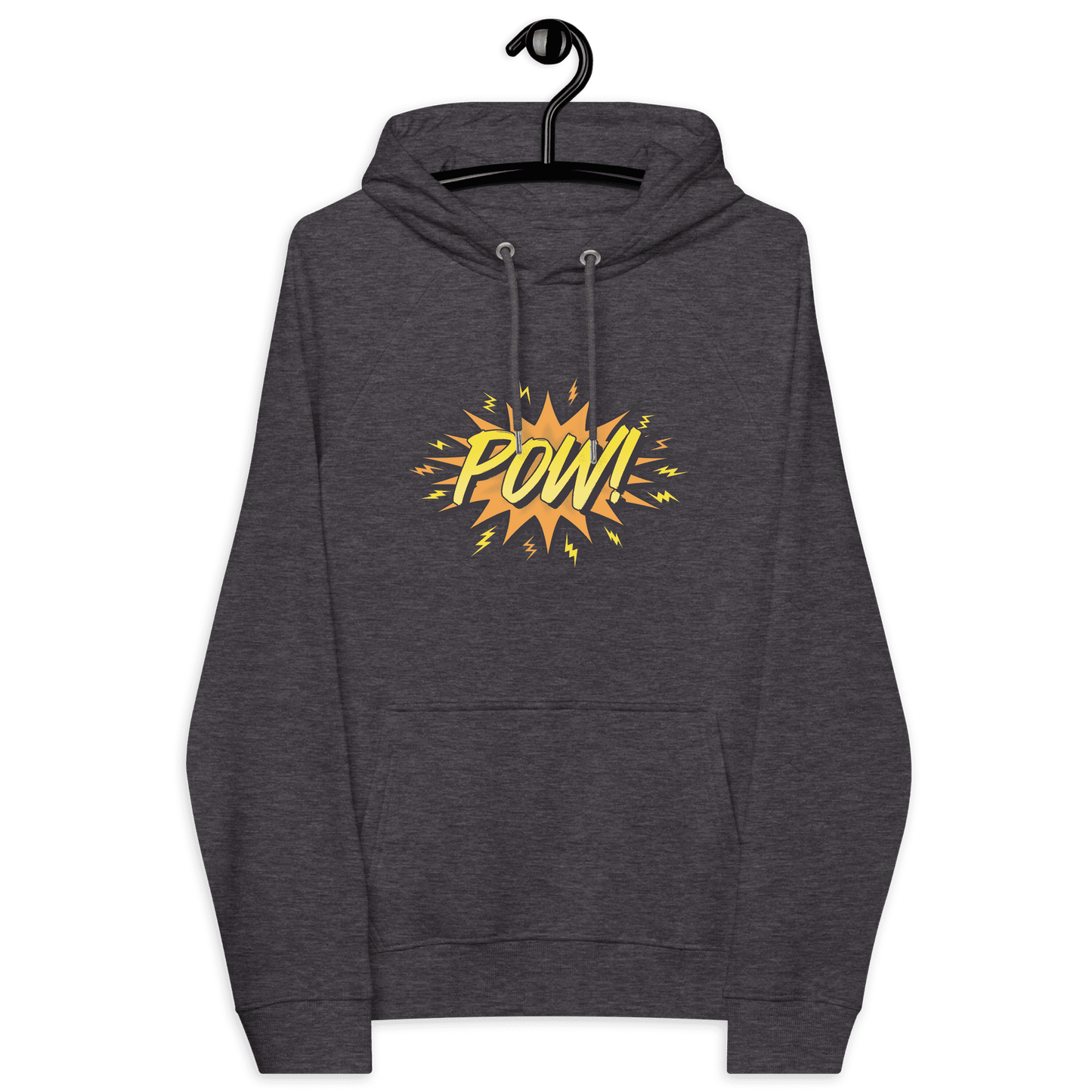 Front view of a charcoal melange colored bitcoin hoodie.