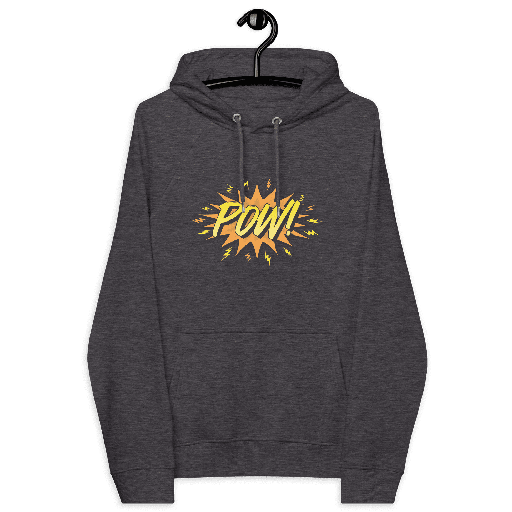 Front view of a charcoal melange colored bitcoin hoodie.