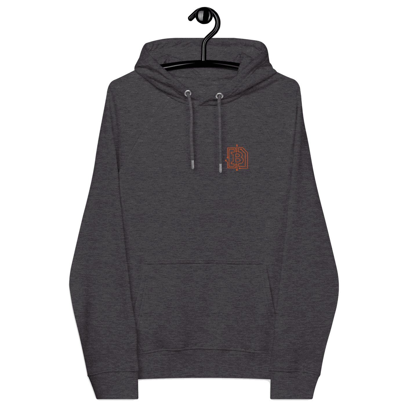 Embroidered eco-friendly raglan Bitcoin circuit board hoodie with certification logos