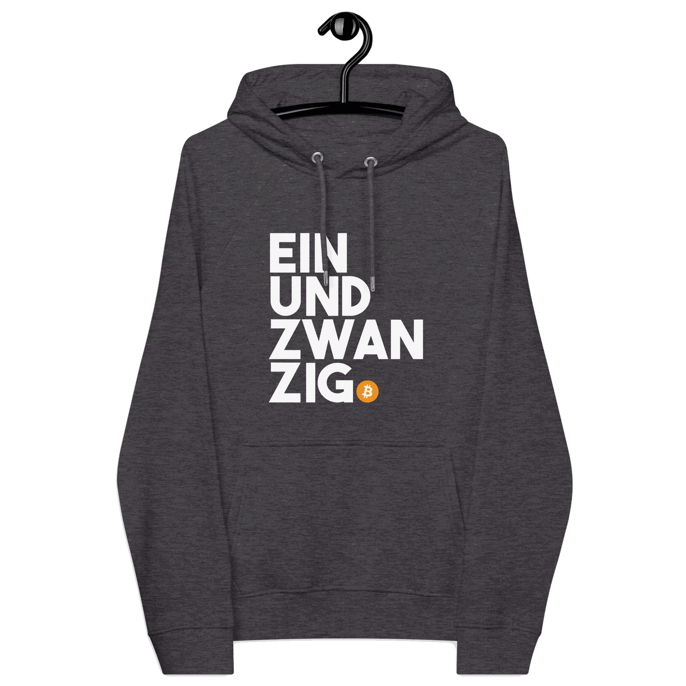 Front view of a charcoal melange colored bitcoin hoodie.