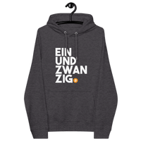 Front view of a charcoal melange colored bitcoin hoodie.