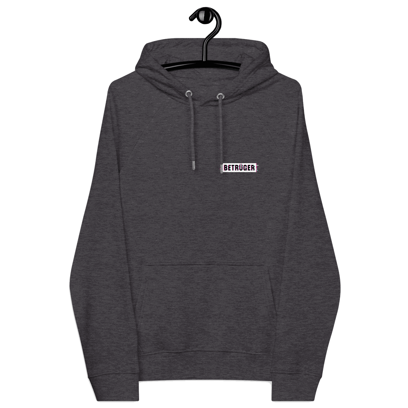 Front view of a charcoal melange colored aln hoodie.