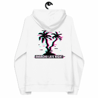 Back view of a white ALN hoodie.