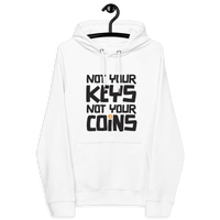 Eco Raglan hoodie with "Not your Keys Not your Coins" Bitcoin design and sustainable certifications