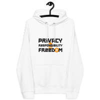 Eco raglan Bitcoin hoodie with Privacy Responsibility Freedom certifications including OEKO-TEX, PETA, GOTS, OCS, and GRS logos
