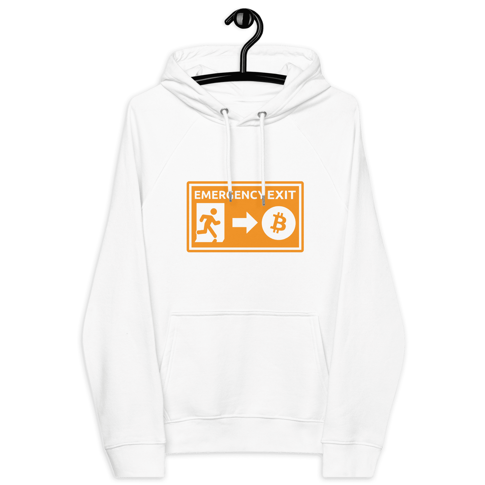 Front view of a white bitcoin hoodie.