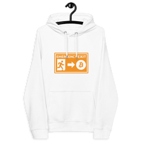 Certification logos for OEKO-TEX, PETA, GOTS, OCS, GRS on Eco Raglan Bitcoin Hoodie promoting Emergency Exit concept