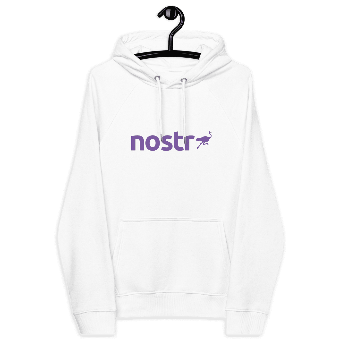 Front view of a white nostr hoodie.