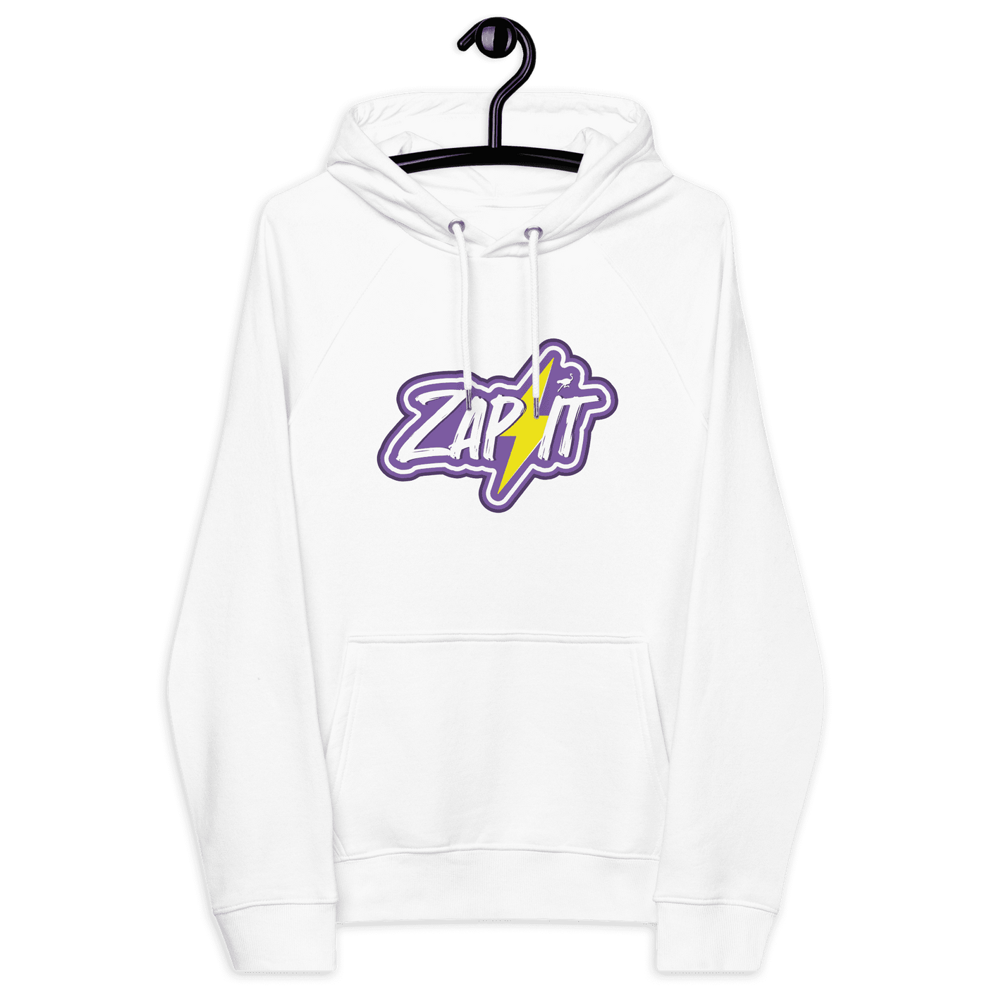 Eco-friendly Zap It Nostr hoodie with multiple sustainability certifications