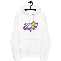 Eco-friendly Zap It Nostr hoodie with multiple sustainability certifications