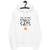 Front view of a white bitcoin hoodie.