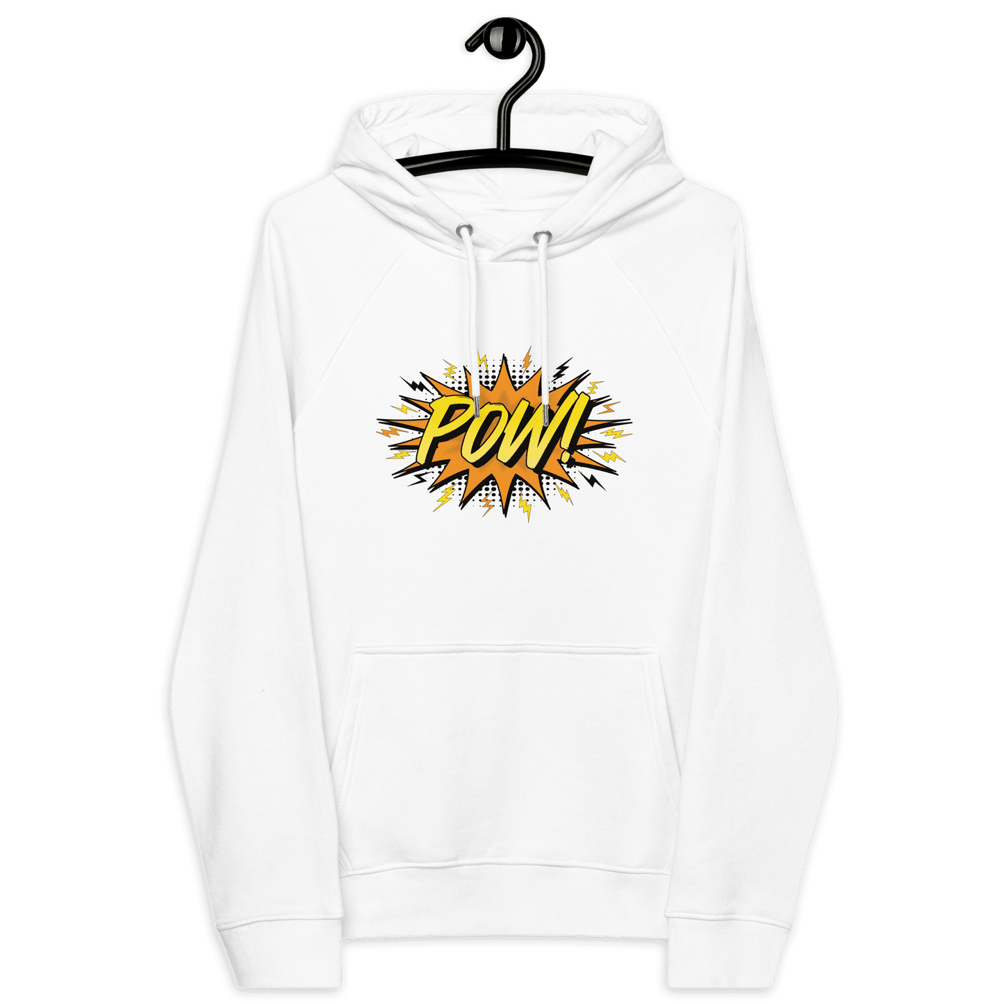 Front view of a white bitcoin hoodie.