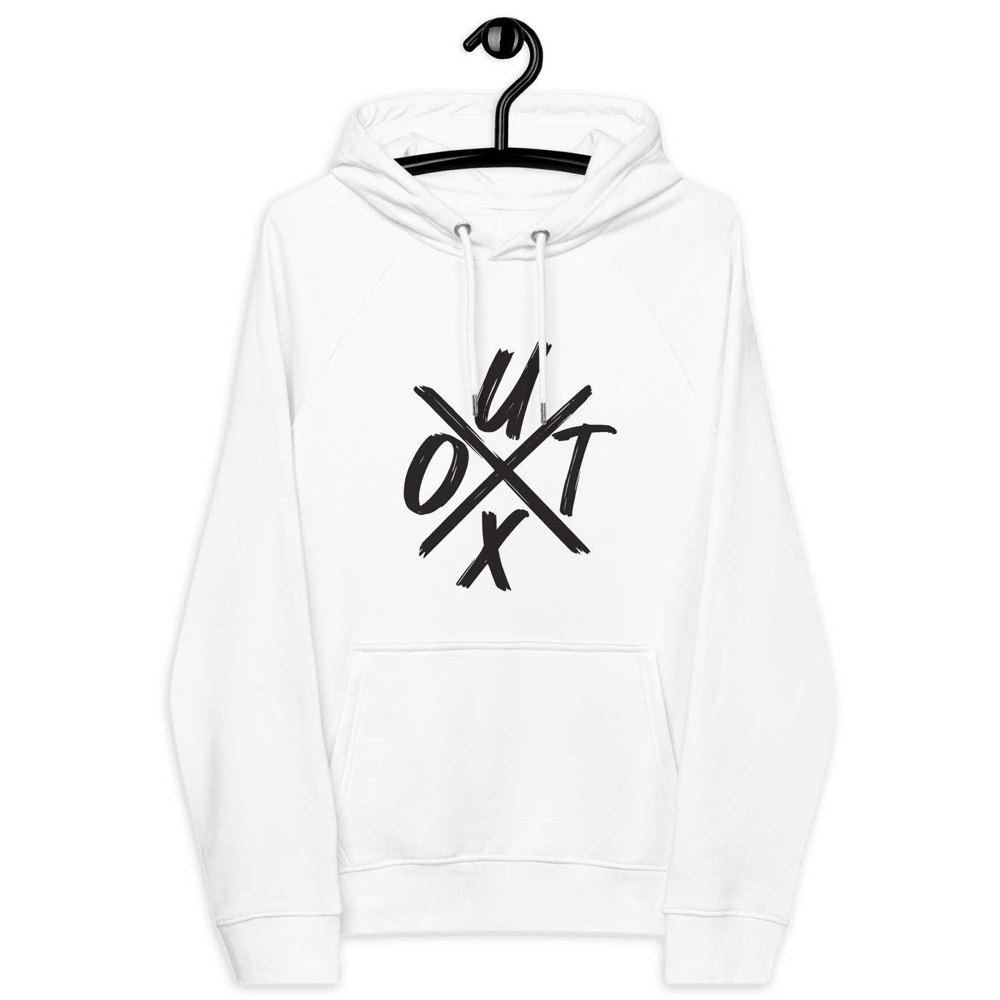 Certification logos for eco-friendly and ethical standards on UTXO Eco Raglan Bitcoin Hoodie