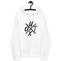 Certification logos for eco-friendly and ethical standards on UTXO Eco Raglan Bitcoin Hoodie