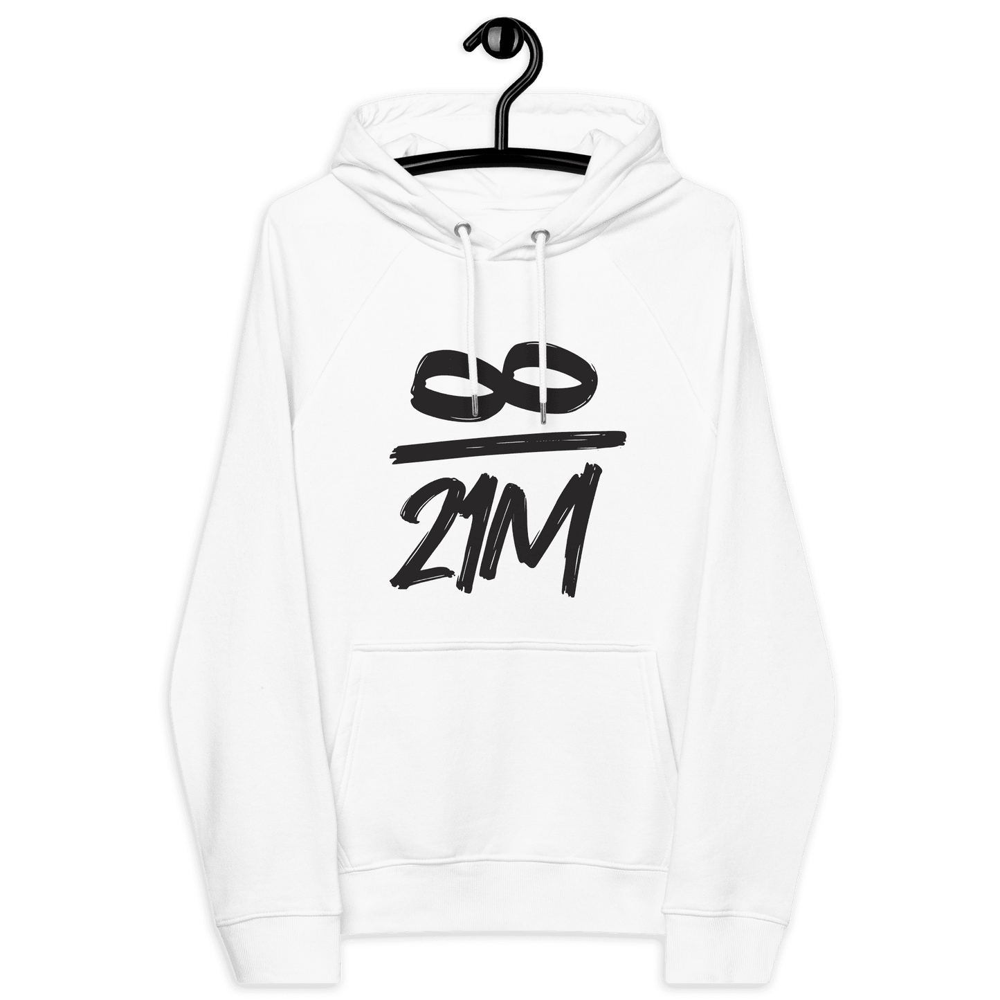 Front view of a white bitcoin hoodie.