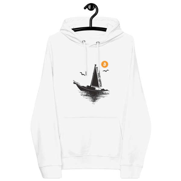 Eco Raglan Bitcoin Hoodie with boat accident meme and sustainable certifications logos