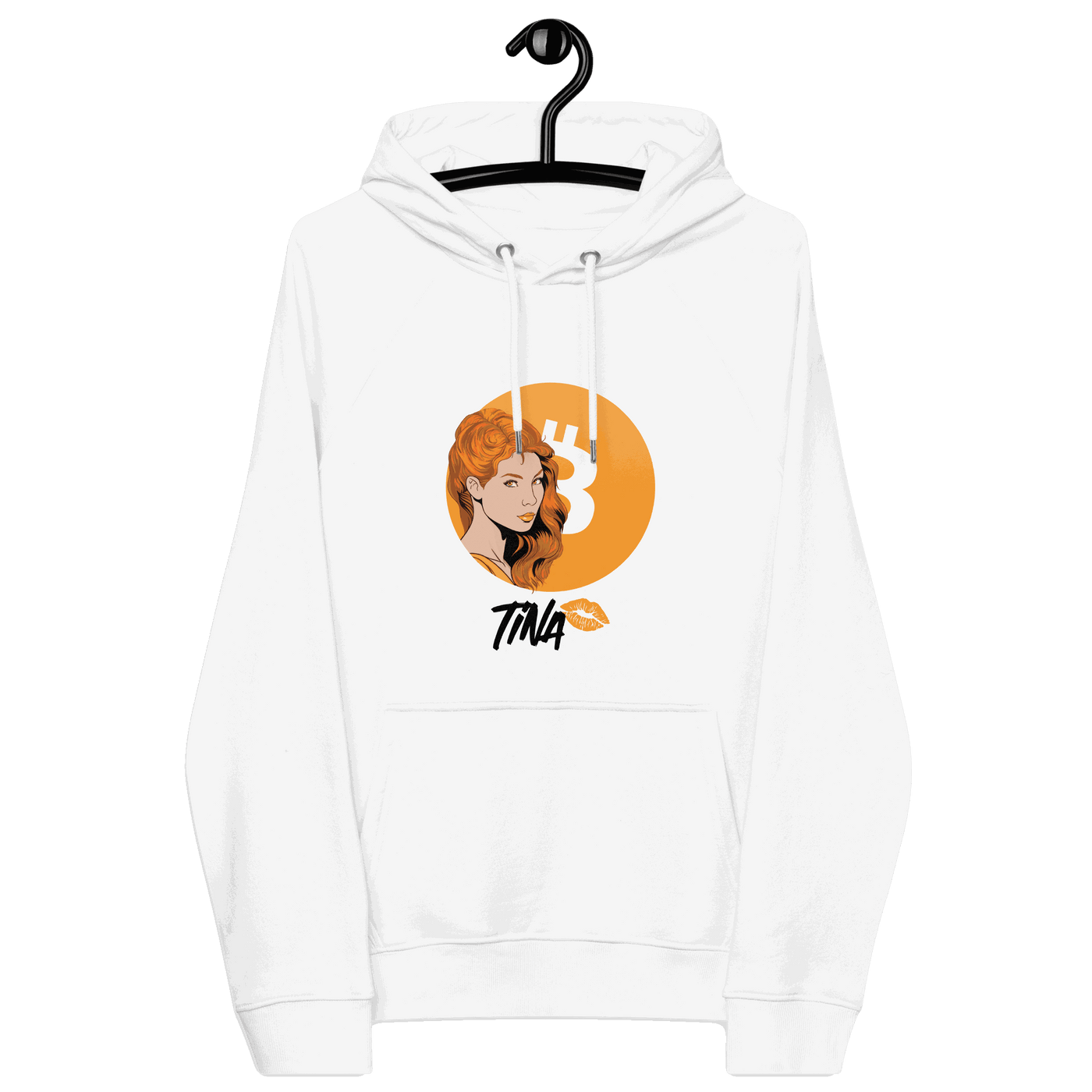 Eco-friendly TINA Bitcoin Hoodie with multiple sustainability certifications
