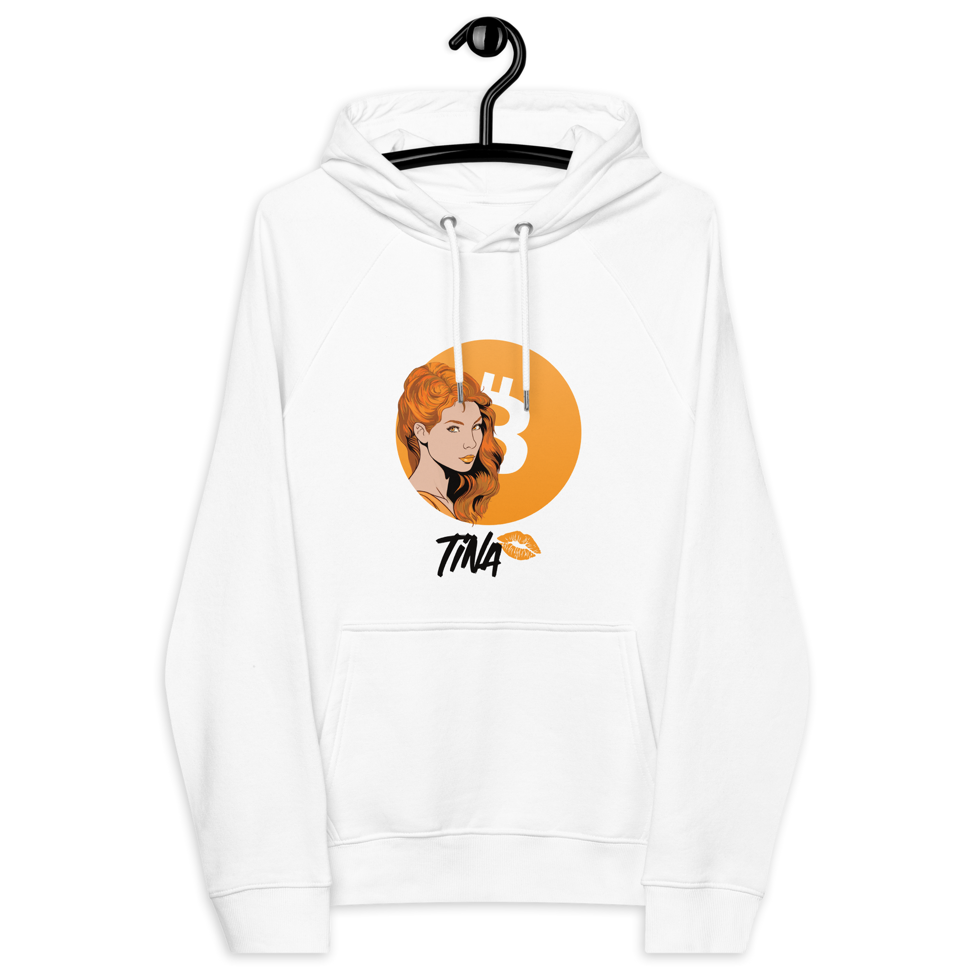 Front view of a white bitcoin hoodie.