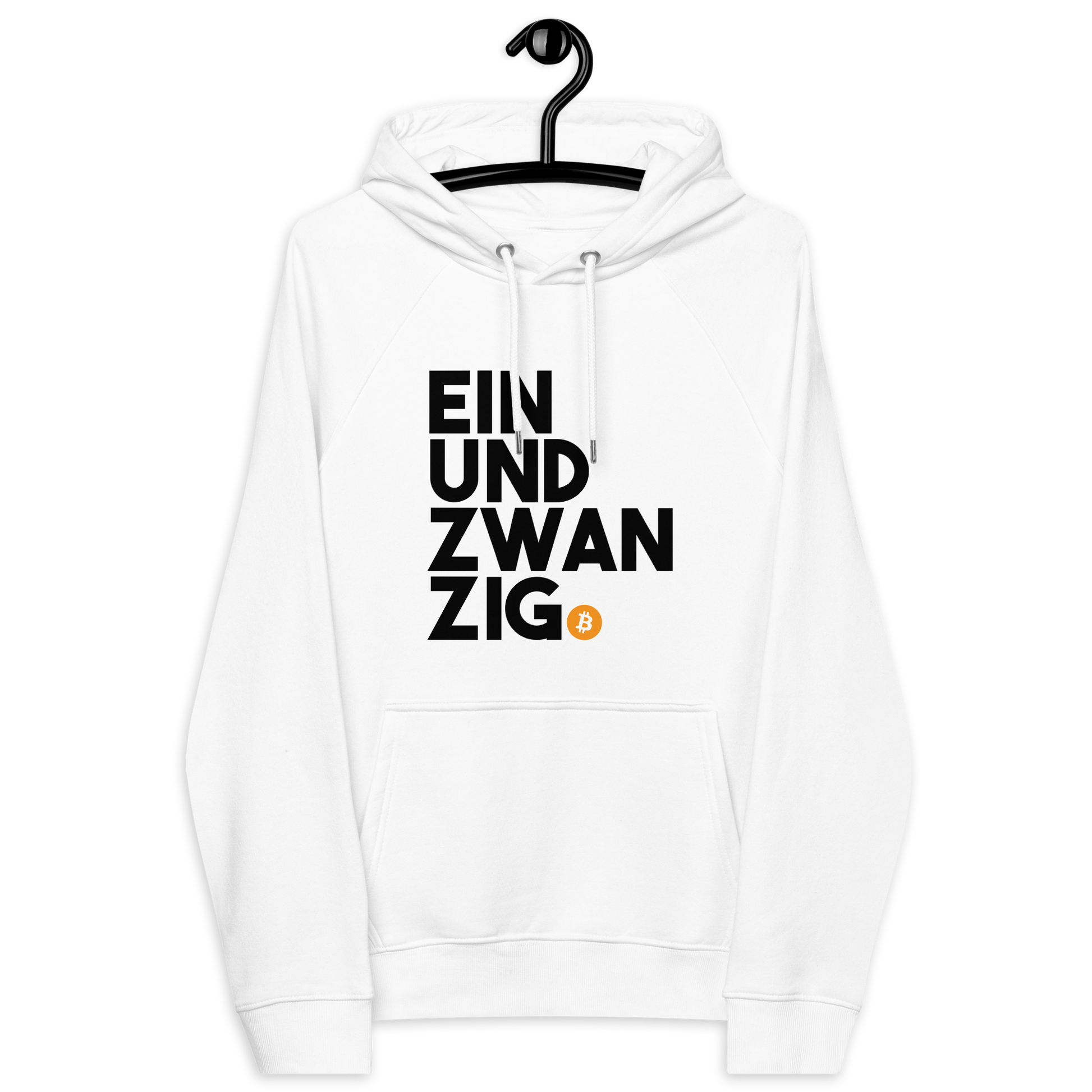 Front view of a white bitcoin hoodie.