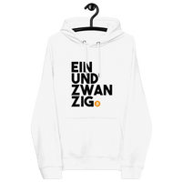 Front view of a white bitcoin hoodie.