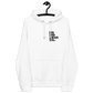 Front view of a white embroidered bitcoin hoodie.