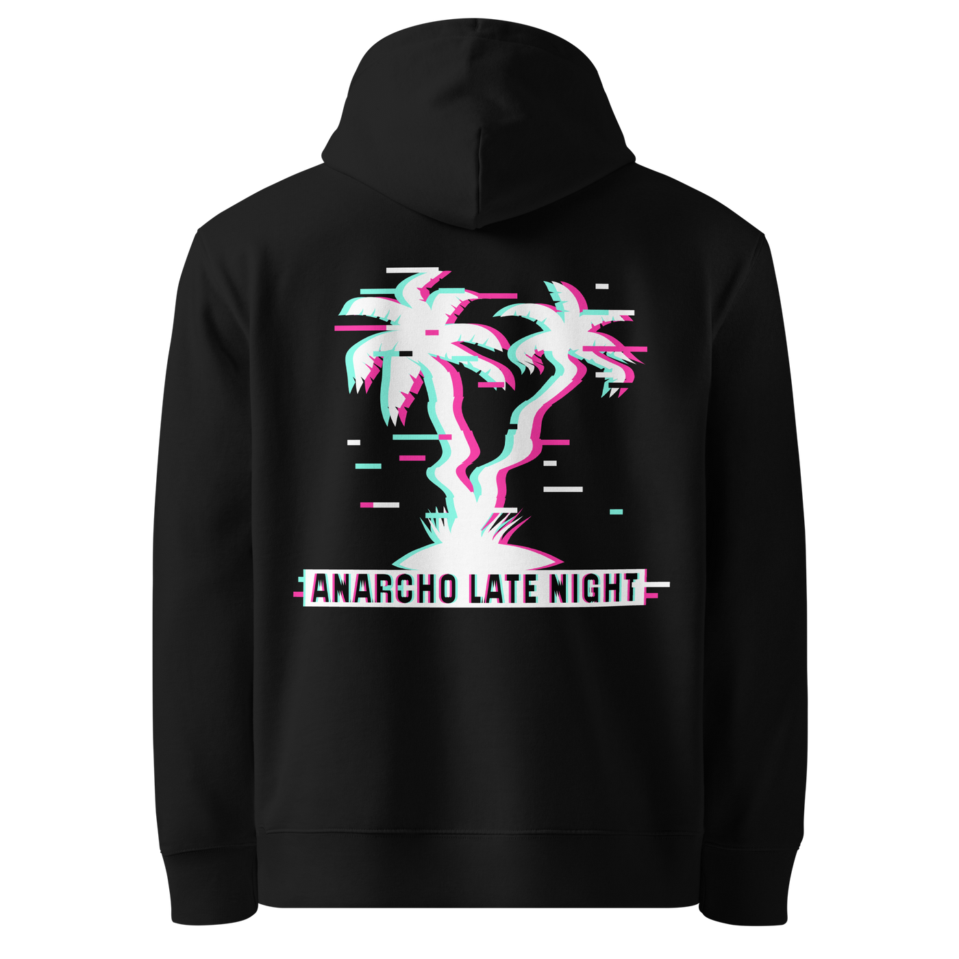 Black organic cotton Anarcho Late Night hoodie with the Betrüger design, back view