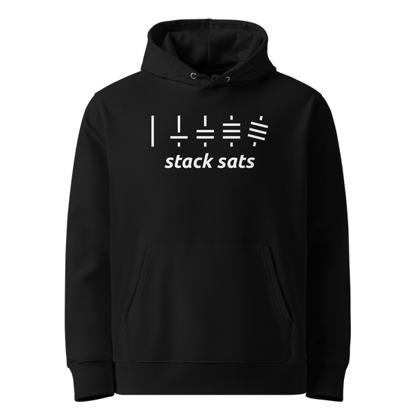 Stack Sats eco bitcoin hoodie, front view: a row of sats symbols growing from left to right above stack sats in white lowercase type, printed on the chest.