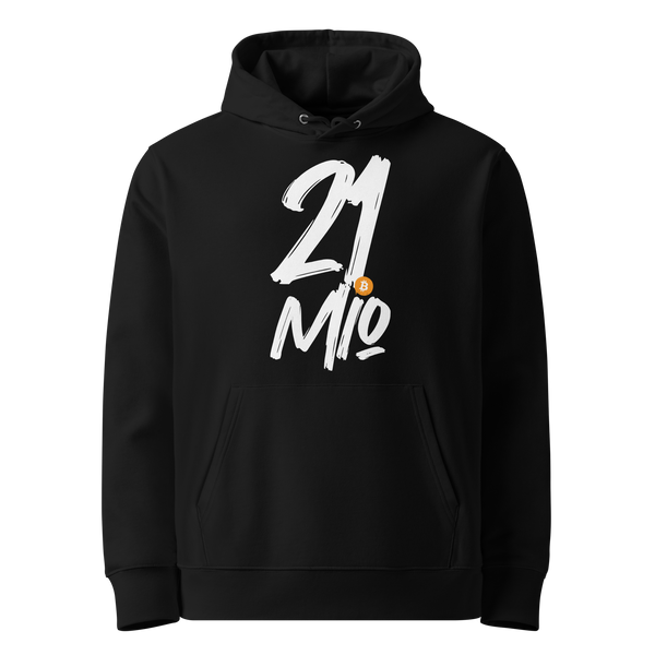 21 Million eco bitcoin hoodie, front view: 21 Mio. in large white brush lettering on black, the dot replaced by a small orange bitcoin coin, printed on the chest.