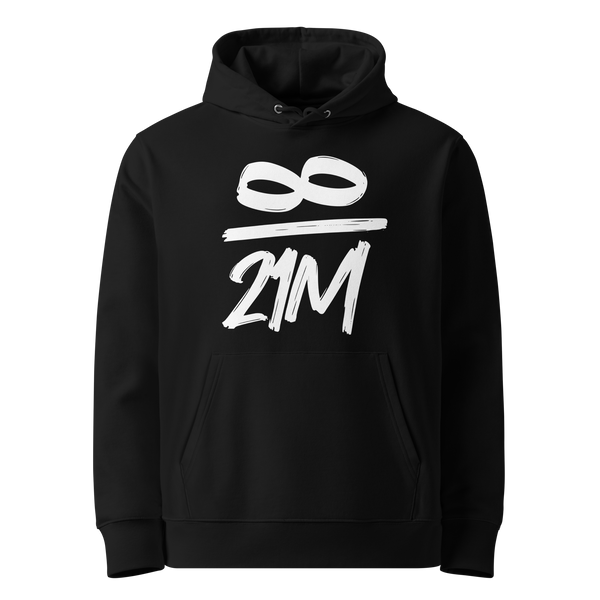 Infinity eco bitcoin hoodie, front view: an infinity sign over 21M in white brush lettering, set as a fraction, printed on the chest.