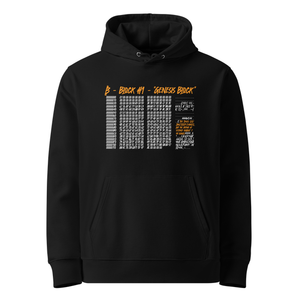 Genesis Block eco bitcoin hoodie, front view: the headline Block #1 Genesis Block in orange above the raw hex dump of the first bitcoin block, the embedded Times headline picked out in orange, printed on the chest.