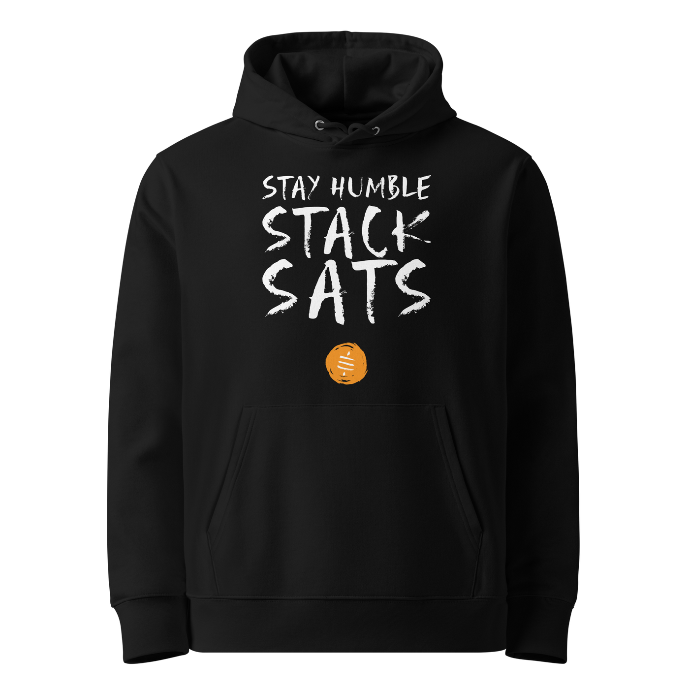 Black organic cotton Bitcoin hoodie with the Stay Humble Stack Sats design, front view