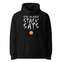 Black organic cotton Bitcoin hoodie with the Stay Humble Stack Sats design, front view