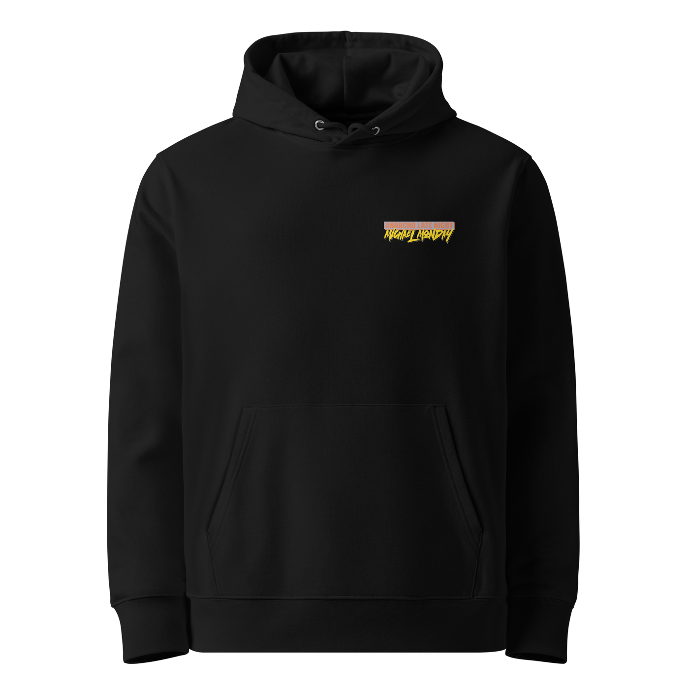 Black organic cotton Anarcho Late Night hoodie with the Michael Monday design, front view